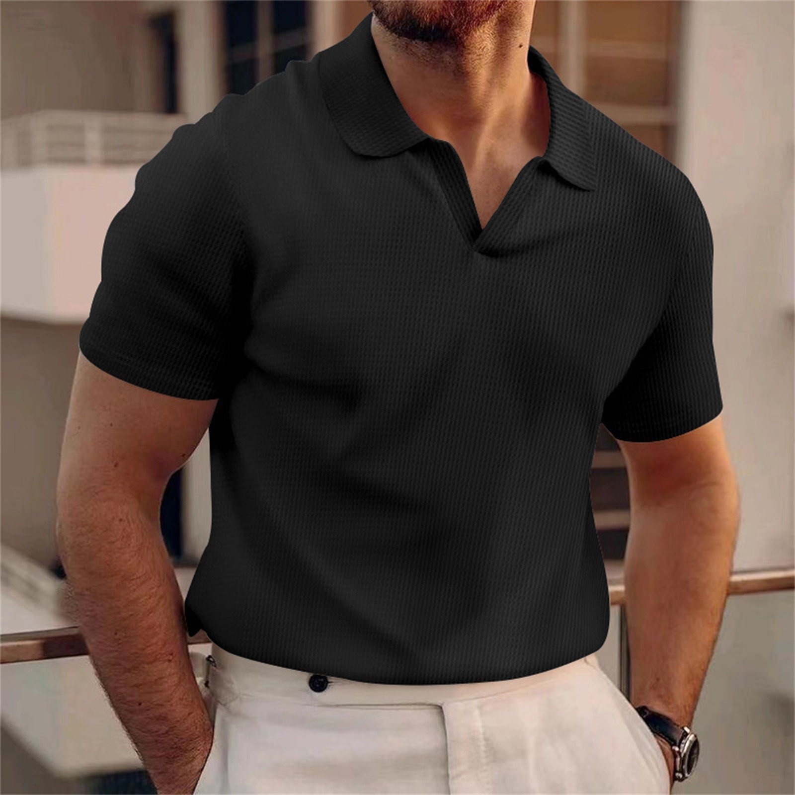 thumbnail image 2 of Camiseta informal de manga corta con cuello en V y textura de algodón para hombre - Tejido de punto waffle, corte ajustado, para deportes/regalos de empresa, 2 of 7